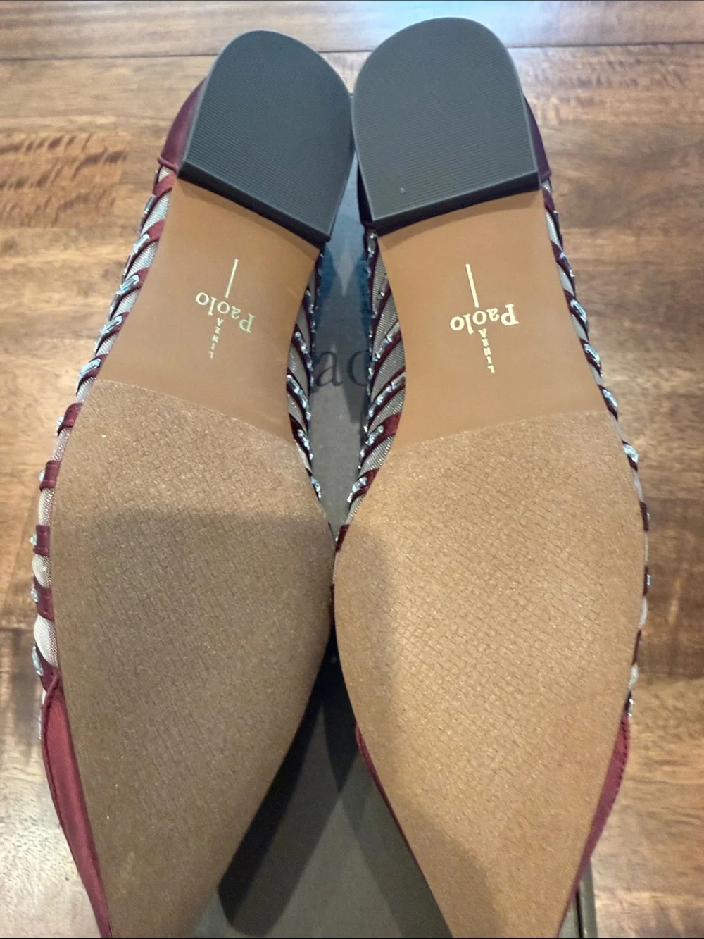 Paolo Burgundy Pointed-Toe Mesh Flats with Bead Stripes